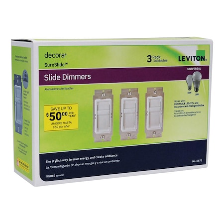 Leviton Leviton Decora SureSlide White 600 W Slide Dimmer Switch 3 pk 6672-3PW